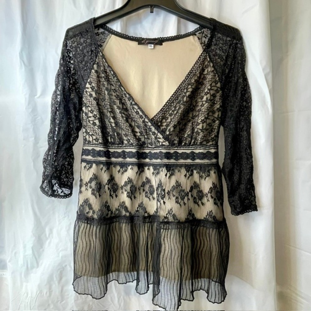 Be Yourself Y2K Black Lace V-Neck Baby Doll Blouse Empire Waist Tie Back XL USA